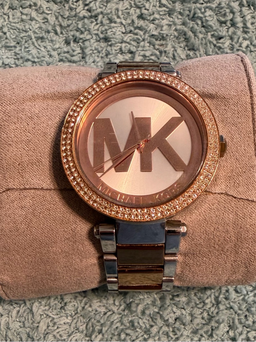 Michael Kors MK-6314 Two-Tone Rose Gold & Silver Gemmed Bezel Watch Works